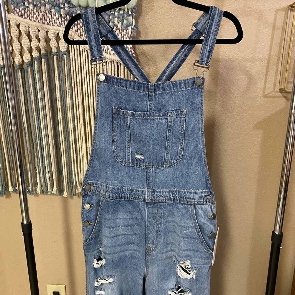 Black Label Distressed Medium Wash Overalls - Picture 2 of 6